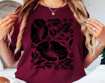 Vintage Linocut Flower Shirt, Peonies  Ranunculus Tee,  Block Print Peonies Tee, Boho Botanical Floral Tee, Daisy Flower Shirt Botanical Tee