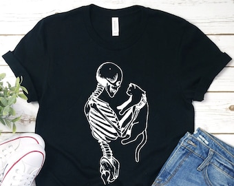 Skeleton And Cat Shirt, Gifts For Cat Lovers Shirt, Cat Lady Gift, Cat Mom, Cat Clothing, Cat Dad, Cat Tee, Halloween Shirt, Skeleton Love