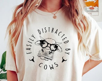 Easily Distracted By Cows Shirt,Cow Sweatshirt,Aesthetic Sweater,Funny Cow Shirt,Farm Love Shirts,Farm Animal Tshirt,Humorous Saying Sweater