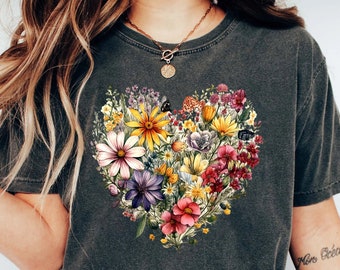 Flower Heart TShirt, Wild flowers, Flower Shirt, Sunflower shirt T-Shirts, Valentine Shirt, Love Shirt, Floral Heart Shirt, Sentimental Gift