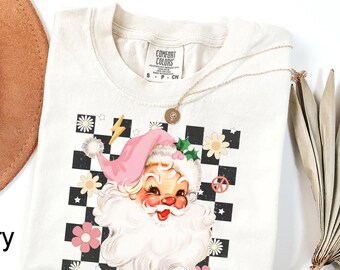 Comfort Colors® Christmas Checkered Pink Santa Tee, Retro Santa Shirt, Christmas For Women, Retro Christmas Shirt, Christmas Shirt For Women