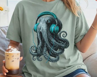 Camiseta de pulpo Comfort Colors®, pulpo con auriculares, camiseta con gorro de pulpo adorable, camiseta de animales marinos, camiseta de pulpo vintage, camiseta de pulpo