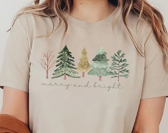 Merry and Bright Trees, Women's Christmas Shirt, Womans Holiday Shirt,Christmas Gift,Chic Winter Shirt,Cute Holiday Tee,Christmas Tree Shirt