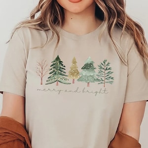 Merry and Bright Trees, Women&#39;s Christmas Shirt, Womans Holiday Shirt,Christmas Gift,Chic Winter Shirt,Cute Holiday Tee,Christmas Tree Shirt