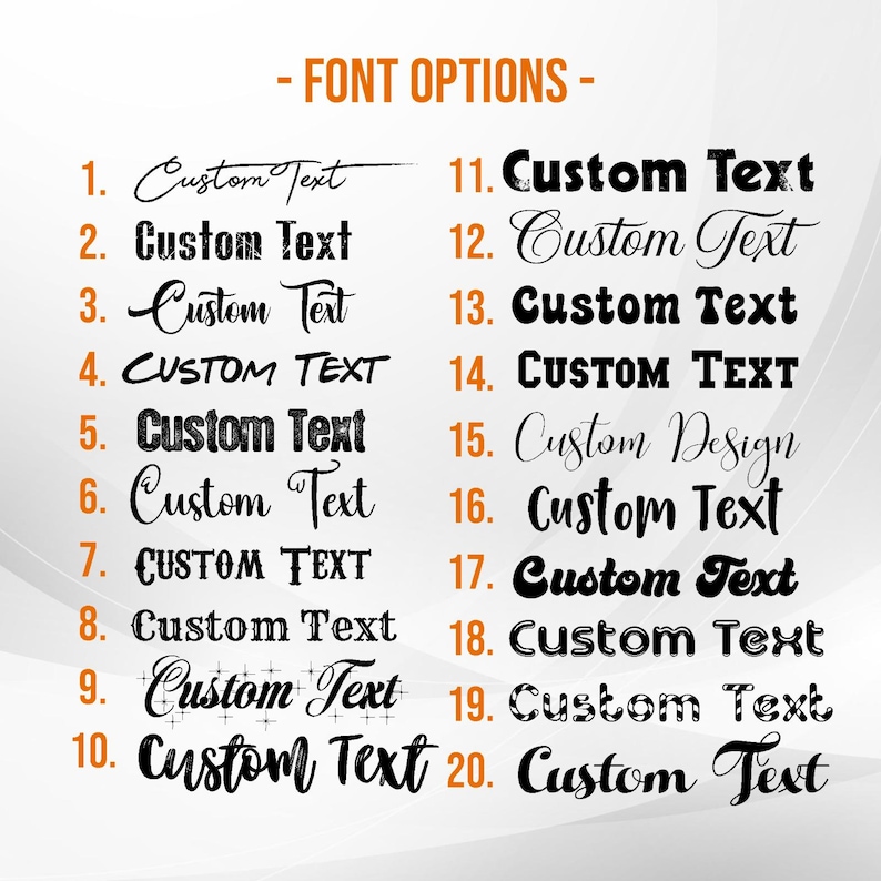 Może przedstawiać: Grafika prezentująca opcje czcionek dla tekstu niestandardowego. U g&oacute;ry znajduje się tekst "- FONT OPTIONS -". Wyświetlono dwadzieścia r&oacute;żnych styl&oacute;w czcionek, każdy oznaczony numerem i słowami "Custom Text" lub "Custom Design".