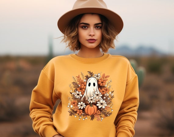 Floral Ghost Sweatshirt, Floral Ghost Shirt, Halloween Ghost Sweatshirt, Flower Halloween Shirt, Vintage Retro Sweatshirt, Fall Sweater Tee