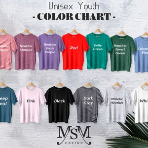 May include: A color chart for unisex youth t-shirts, showcasing various colors including Heather Mauve, Red, Kelly Green, and White. The shirts are displayed on wooden hangers against a textured background. The text "COLOR CHART" is at the top.