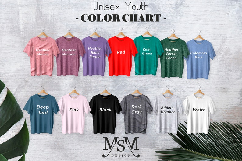 May include: A color chart for unisex youth t-shirts, showcasing various colors including Heather Mauve, Red, Kelly Green, and White. The shirts are displayed on wooden hangers against a textured background. The text "COLOR CHART" is at the top.
