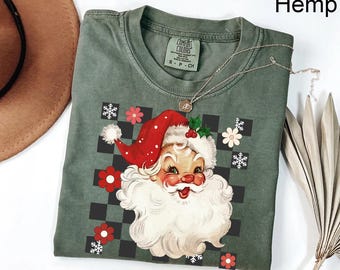 Comfort Colors® Christmas Checkered Santa Shirt, Retro Santa Shirt, Christmas,Retro Christmas Shirt,Christmas Shirt For Women,Gift For Women