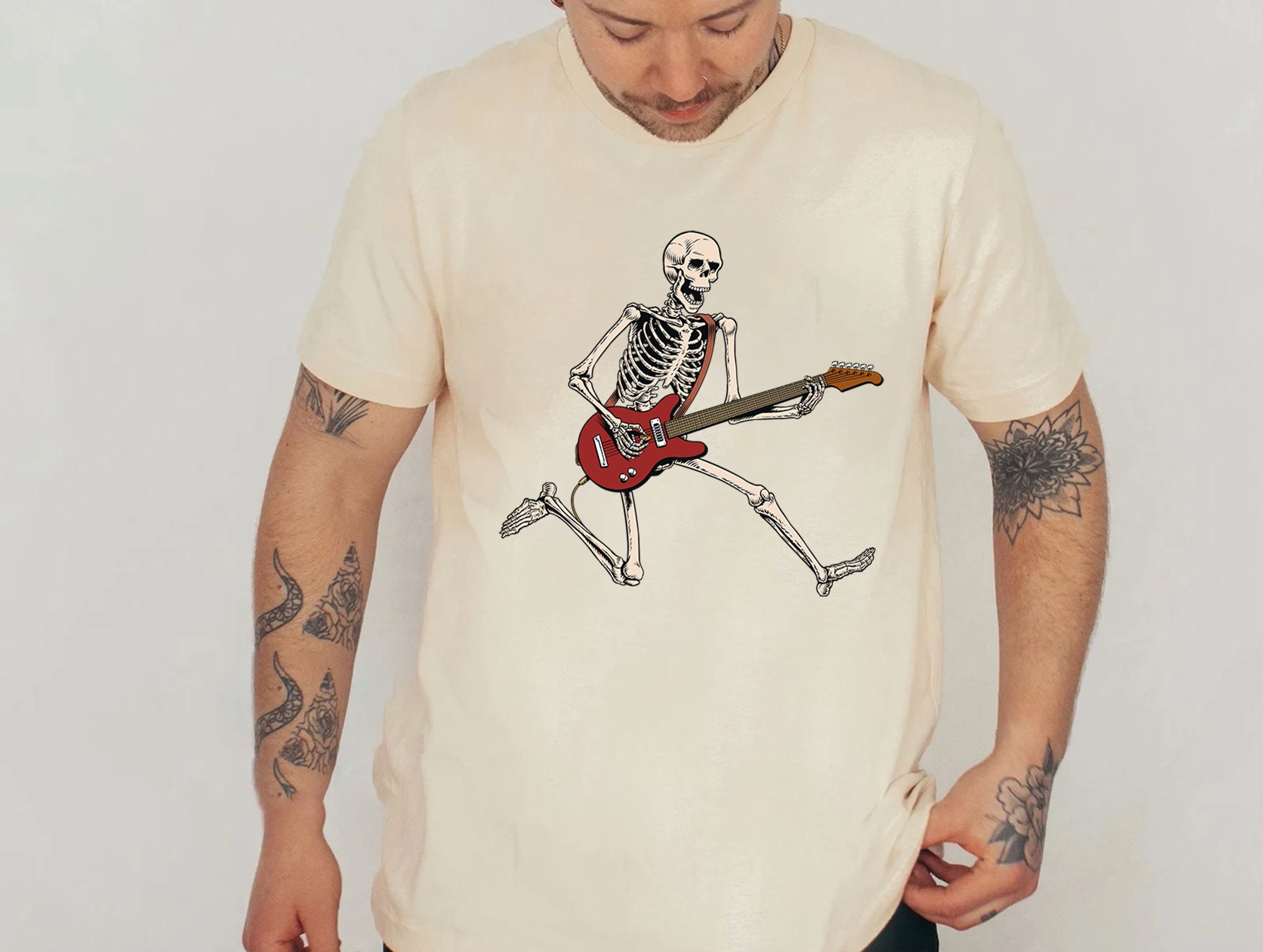 T-shirt Manches Longues Homme - Imprimé Guitare Squelette - Gildan - Neuf Avec Étiquettes