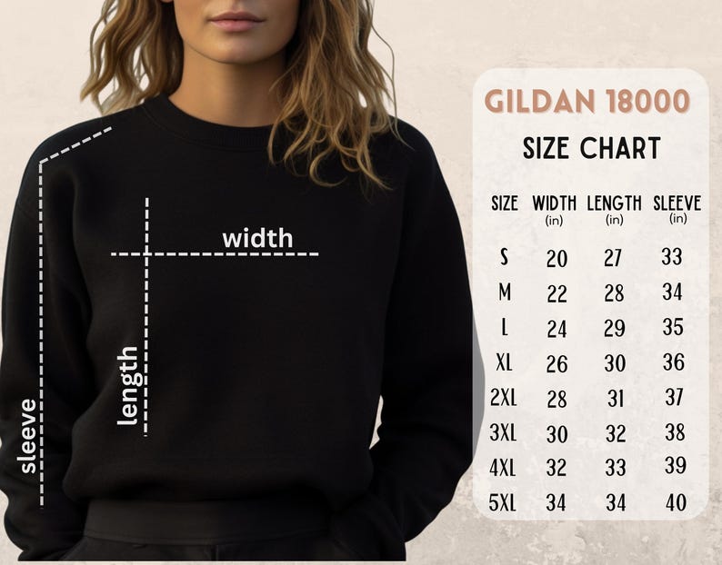 Op de afbeelding: Maattabel voor Gildan 18000 sweatshirts, met de breedte, lengte en mouwlengte in inches voor maten S tot en met 5XL.