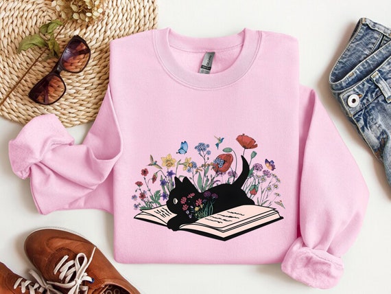 Floral Cat Sweatshirt, Cat Lover Shirt, Cat Book Shirt, Cat Lover Gift, Gift for Her, Cat Mom Shirt Gift,Cute Cat Shirts,Cute Book Cat Shirt