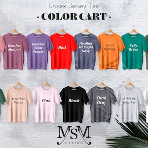 May include: Colour chart for unisex jersey tees. The chart shows 16 different colours, including Heather Mauve, Heather Maroon, Heather Team Purple, Red, Heather Midnight Navy, Burnt Orange, Kelly Green, Military Green, Heather Forest Green, Heather Peach, Pink, Black, Dark Grey, Athletic Heather, and White.