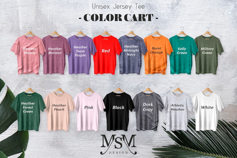 May include: Colour chart for unisex jersey tees. The chart shows 16 different colours, including Heather Mauve, Heather Maroon, Heather Team Purple, Red, Heather Midnight Navy, Burnt Orange, Kelly Green, Military Green, Heather Forest Green, Heather Peach, Pink, Black, Dark Grey, Athletic Heather, and White.
