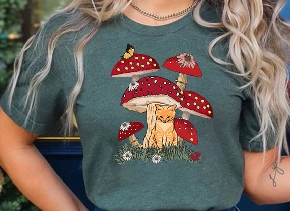 Cat and Mushroom Shirts, Goblincore Shirt, Cat Mushroom Shirt, Cat Lover Gift, Mushroom Tee, Cottagecore Shirt, Cat Owner Gift, Mushroom Tee