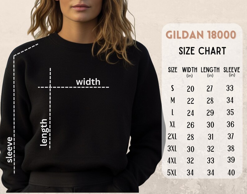 Puede incluir: Una sudadera negra con una tabla de tallas de Gildan 18000. La tabla de tallas muestra las medidas de ancho, largo y largo de manga en pulgadas, desde la talla S hasta la 5XL.