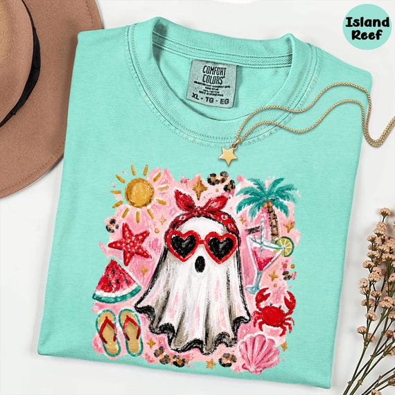 Comfort Colors® Spooky Summer Ghost Shirt, Beach Summerween Tee, Coquette Coastal Goth Top, Cute Retro Halloween Beachwear