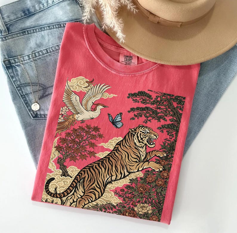 Comfort Colors® Retro Tiger T-Shirt, Animal Gift for Tiger Lover, Wild Cat Sweatshirt, Linocut Style, Boho, Cottagecore Shirt, Meme Shirt image 6