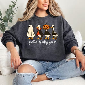 Puede incluir: Sudadera gris oscuro con un dise&ntilde;o de Halloween. El dise&ntilde;o presenta cuatro gansos de dibujos animados disfrazados de fantasma, vampiro, calabaza y esqueleto. El texto "just a spooky goose" est&aacute; impreso debajo.