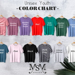 May include: Colour chart for youth t-shirts showing 12 different colours, including Heather Mauve, Heather Maroon, Heather Team Purple, Red, Kelly Green, Heather Forest Green, Colombia Blue, Deep Teal, Pink, Black, Dark Grey, Athletic Heather, and White.
