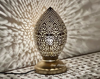 Handmade Moroccan Brass Table Lamp Set – Pierced Engraved Bedside Light – Boho Desk Lantern .