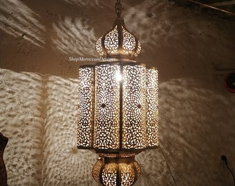 Handmade Moroccan Brass Ball Pendant Light – Traditional Moroccan Chandelier – Boho Hanging Ceiling Lamp .