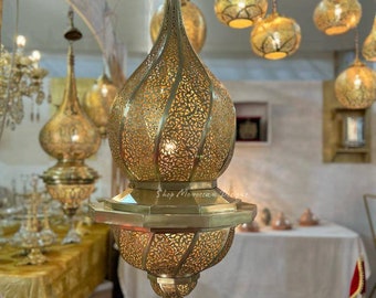 Handmade Moroccan Brass Pendant Light – Boho Chandelier, 55cm