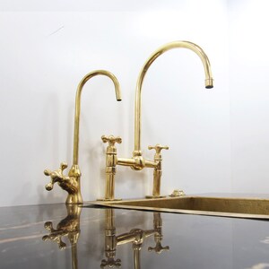 Three Holes Faucet, Unlacquered Brass Bridge Faucet Kitchen with Linear Legs & Ball at center