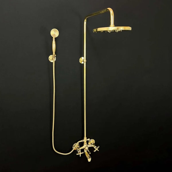 Handmade Etched Brass Outdoor Shower System - Unlacquered Brass Shower Faucet
