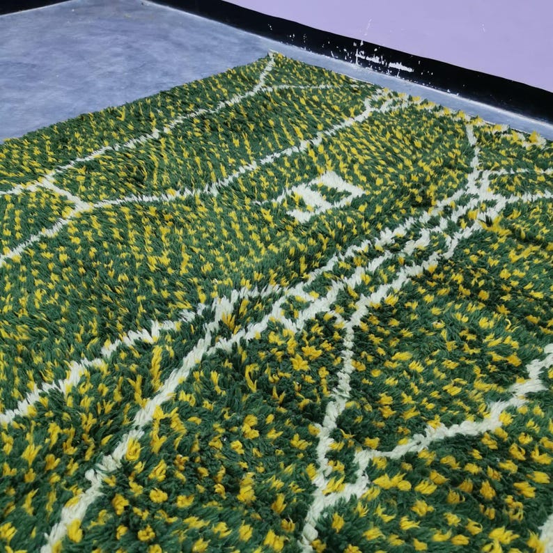 Custom Moroccan Rug Green Berber Rug With Dotted Orange, Handmade Beni