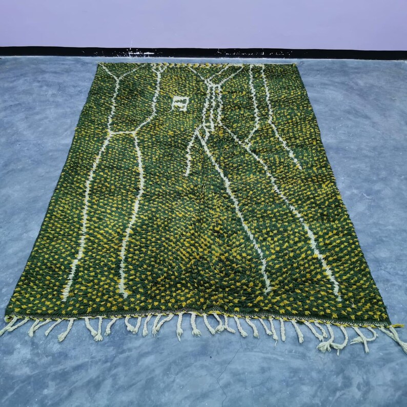 Custom Moroccan Rug Green Berber Rug With Dotted Orange, Handmade Beni