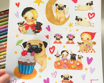 Instant download Pug dogs COLLAGE SHEET DOWNLOAD for scrapbooking and journal art fawn pug dog pet folk art by Tascha