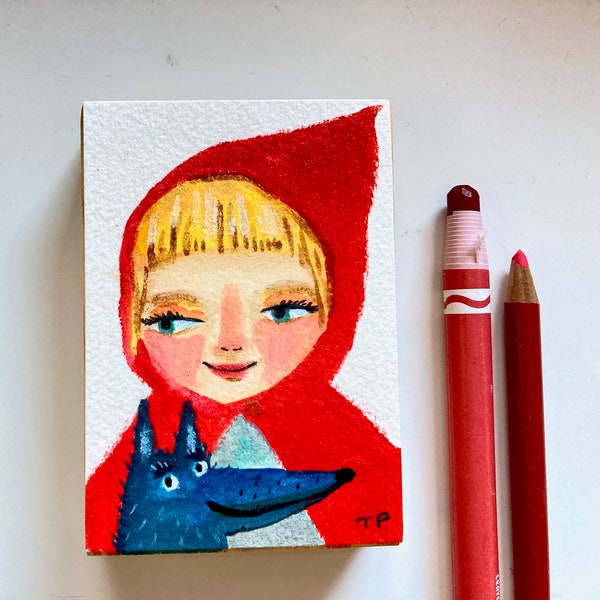 Original mini painting Red Riding Hood with Wolf small acrylic painting mounted on wood block hand made art by TASCHA