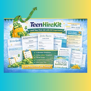 Op de afbeelding: Een promotionele afbeelding voor TeenHireKit, een gids om een eerste baan te bemachtigen. De afbeelding toont een rugzak vol geld, cv-sjablonen en gidsen. Tekst bevat "Land Your First Job with NO Experience!" en "Land Your First Job Today!"