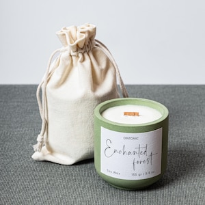 Enchanted Forest – Handmade Soy Wax Candle in a Green Concrete Vessel with Wooden Wick, Forest Scent.