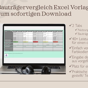 Könnte beinhalten: Ein Laptop-Bildschirm zeigt eine Tabelle mit dem Titel "Bauträgervergleich Excel Vorlage zum sofortigen Download". Die Tabelle ist in Spalten mit Überschriften in deutscher Sprache unterteilt. Der Text auf der rechten Seite des Bildschirms beschreibt die Funktionen der Tabelle, darunter zwei Registerkarten, über 40 Funktionen, Farbcodierung und eine Dropdown-Liste.