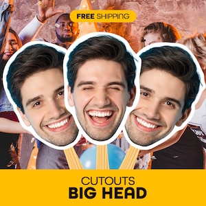 Große personalisierte Gesichtsausschnitte auf Sticks! Perfekt für Junggesellinnenabschiede. Personalisierbare Pappausschnitte und lustige Fans!