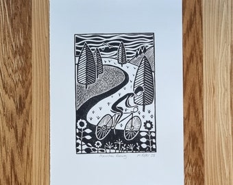 Mountain Racing - hand designed, carved and printed linocut print, ideal for bike lovers, quirky and original image