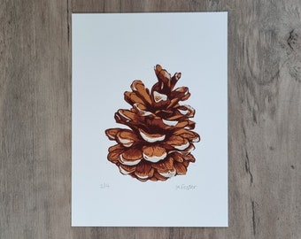 Pinecone Limited Edition Handmade Linocut Print, original botanical wall art, great gift for wildlife and nature lovers