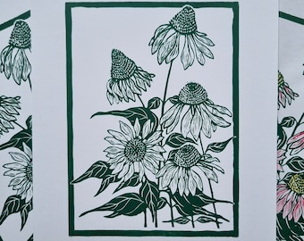 Echinacea Handmade Linocut Print - original botanical wall art, floral home decor, ideal gift for flower lovers