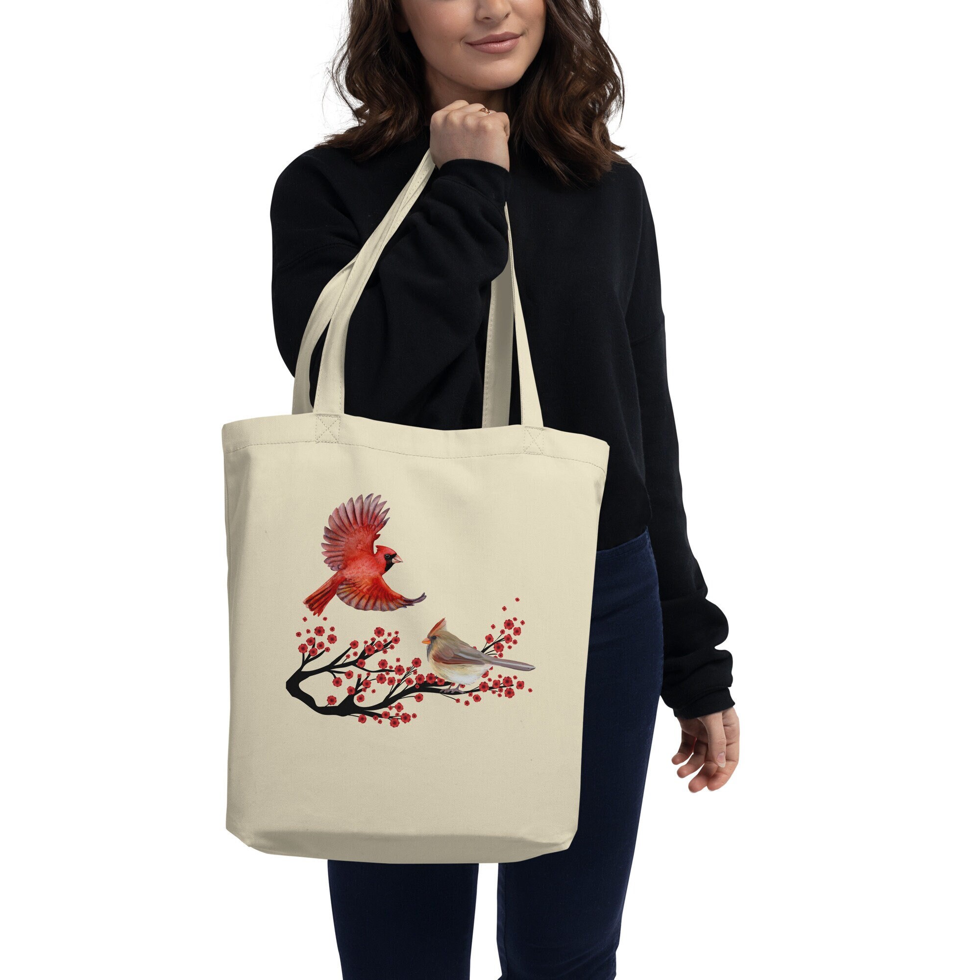 Christmas Cardinal Bird Canvas Tote Bag Winter Snowflake Animal Holly Berry Reusable Grocery Bags Shopping Handbag Women Girls Casual Shoulder Bags Storage Organizer for Gym Travel Chic Style 