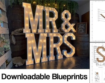 3ft - Mr & Mrs Marquee Letter Blueprint Template - Construction Plans - Marquee Plans - SVG/DXF/Adobe Illustrator - Mosaic Files