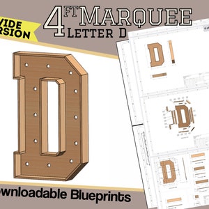 Versión de 4 pies de ancho - Letra D - Planos y planos de construcción - Plantilla digital para letra de marquesina de madera/plástico/MDF - SVG / PDF / Dxf + Mosaicos