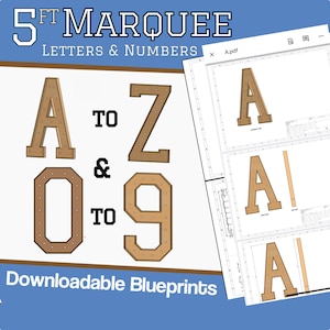 Puede incluir: Un conjunto de planos descargables para un letrero de marquesina de 1,5 metros. Los planos incluyen las letras de la A a la Z y los números del 0 al 9. Los planos se muestran en una pantalla de ordenador con un fondo azul claro.