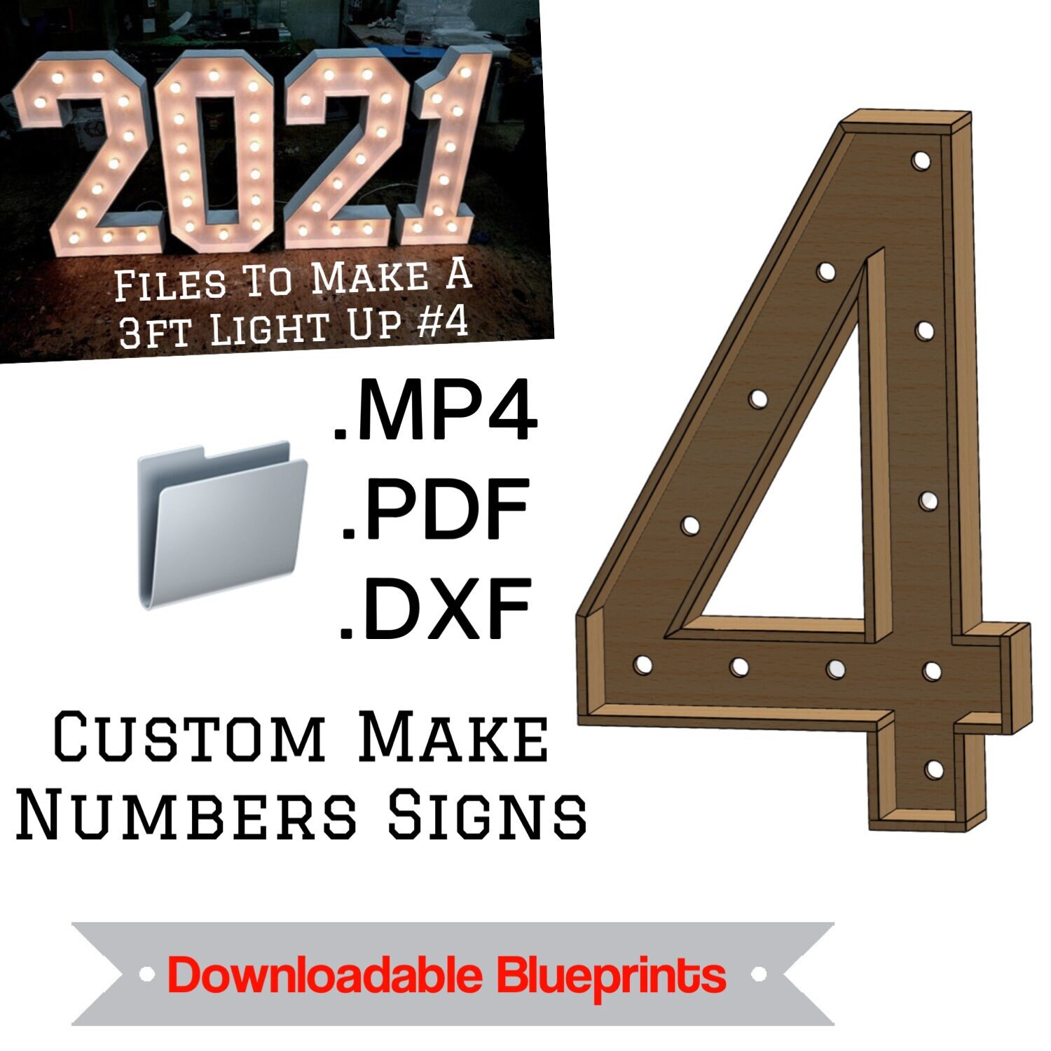 3ft - Number 4 - Marquee Build Plans & Blueprints - Digital Template for Wood/Plastic/MDF Marquee Number Assembly Guide