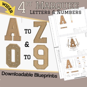 Letras de marquesina para construir de 4 pies (A-Z y 0-9), versión extra ancha: planos de carpintería para bricolaje, descarga digital: incluye archivos de mosaico/SVG y más.