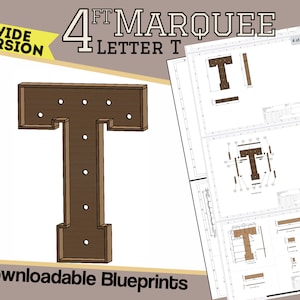 Versão de 4 pés de largura - Letra T - Planos de construção e plantas - Modelo digital para letreiro de madeira/plástico/MDF - Agora com arquivos de mosaico + DXFs