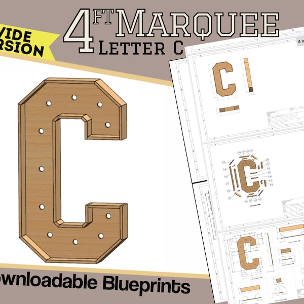 4ft - Letter C Wide Version- Build Plans & Blueprints - Digital Template for Wood/Plastic/MDF Giant Marquee Wedding Letter + Mosaic Files