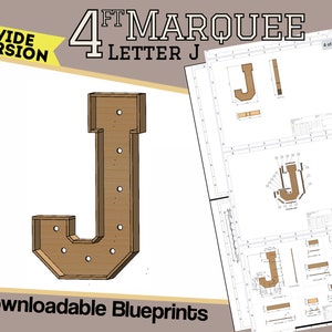 Versão de 4 pés de largura - Letra J - Planos e plantas de construção - Modelo digital para letreiro de madeira/plástico/MDF - Construa suas próprias letras gigantes