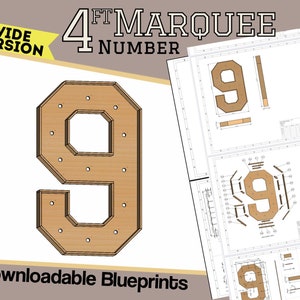 May include: A blueprint for a 4 ft tall marquee number 9. The blueprint is for a wide version of the number. The number is made of wood and has a light brown color. The blueprint shows the number in detail, including the holes for the lights. The blueprint is part of a set of 5 blueprints.